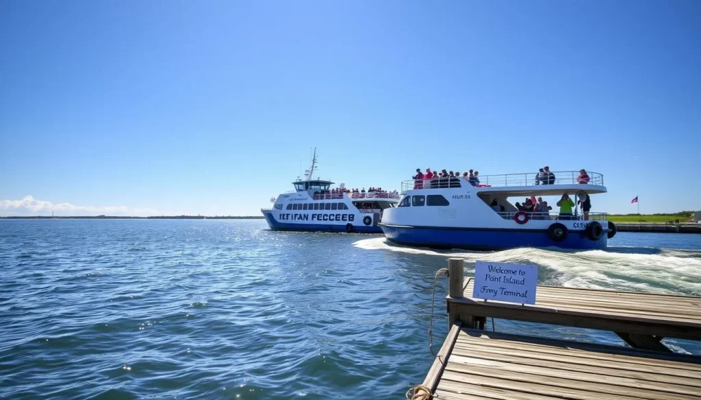 Ferry approaching Point Island dock with passengers enjoying the scenic water views Ferry approaching Point Island dock with passengers enjoying the scenic water views
