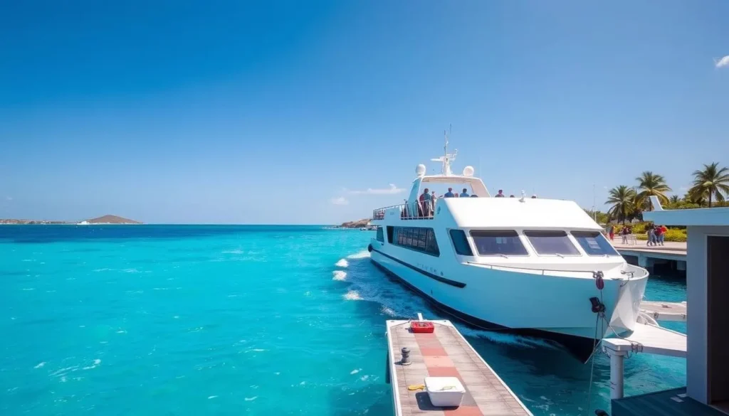 Ferry arriving at Blowing Point Ferry Terminal in Anguilla with turquoise Caribbean waters Ferry arriving at Blowing Point Ferry Terminal in Anguilla with turquoise Caribbean waters