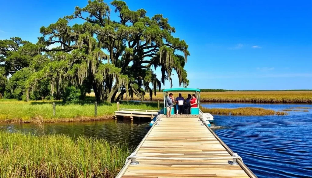 Ferry boat approaching Little St. Simons Island dock with passengers and luggage Ferry boat approaching Little St. Simons Island dock with passengers and luggage