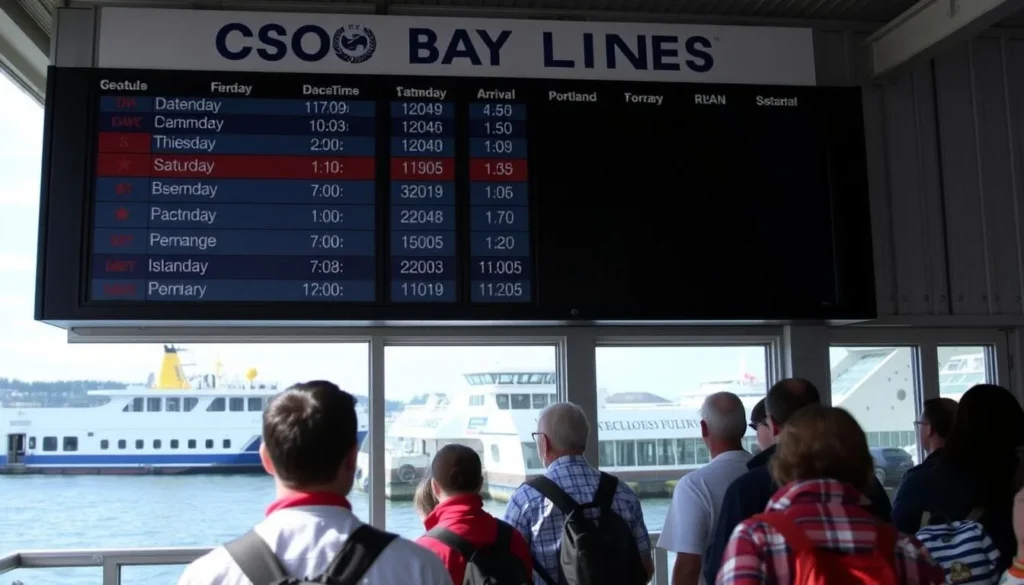 Ferry schedule board at Casco Bay Lines terminal with passengers waiting to board Ferry schedule board at Casco Bay Lines terminal with passengers waiting to board