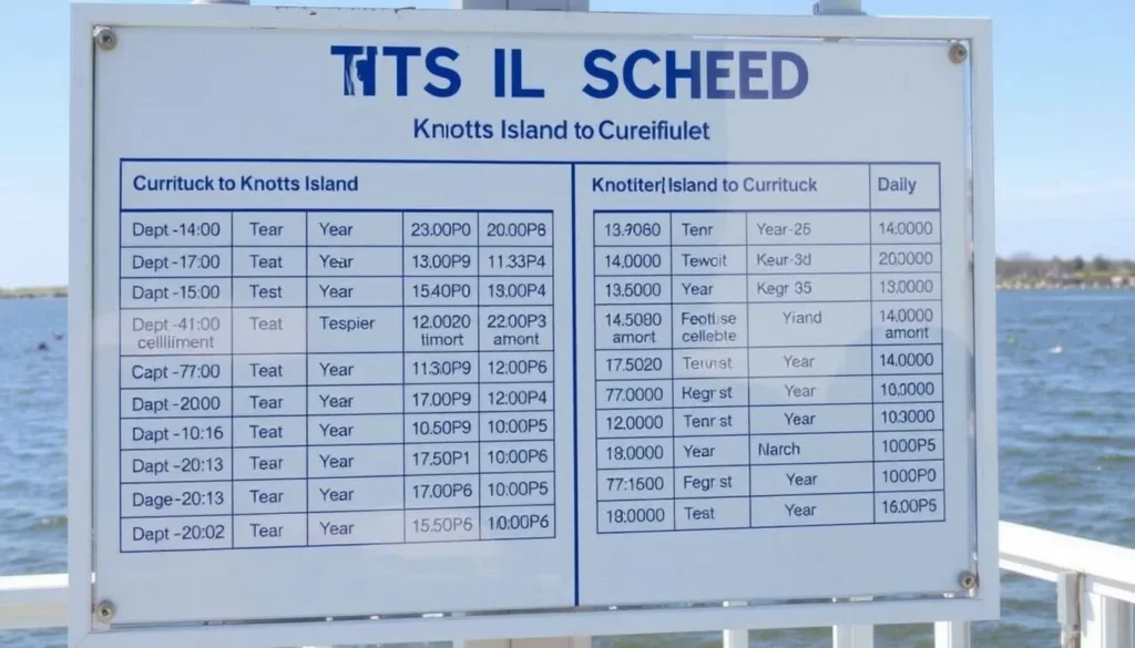 Ferry schedule board for Knotts Island, North Carolina with departure times and practical information Ferry schedule board for Knotts Island, North Carolina with departure times and practical information