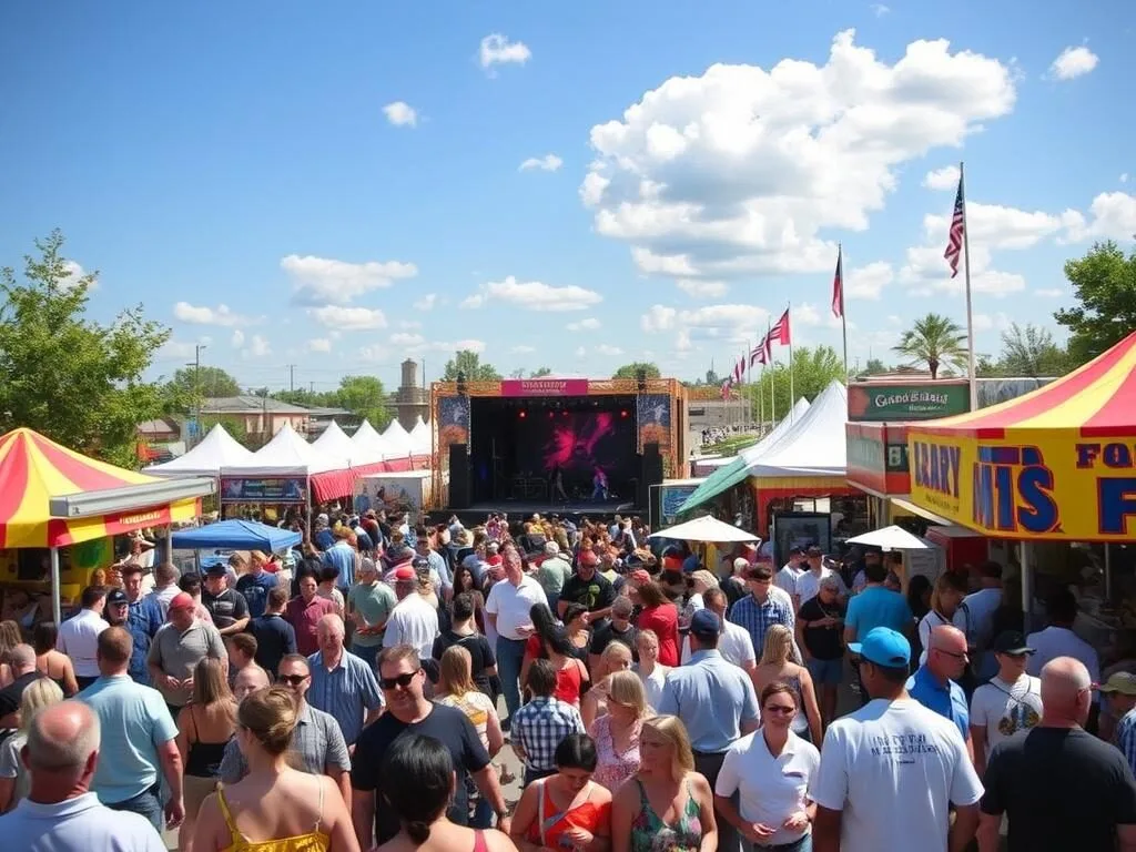 Festival scene in Bossier City with crowds enjoying outdoor entertainment during spring Festival scene in Bossier City with crowds enjoying outdoor entertainment during spring