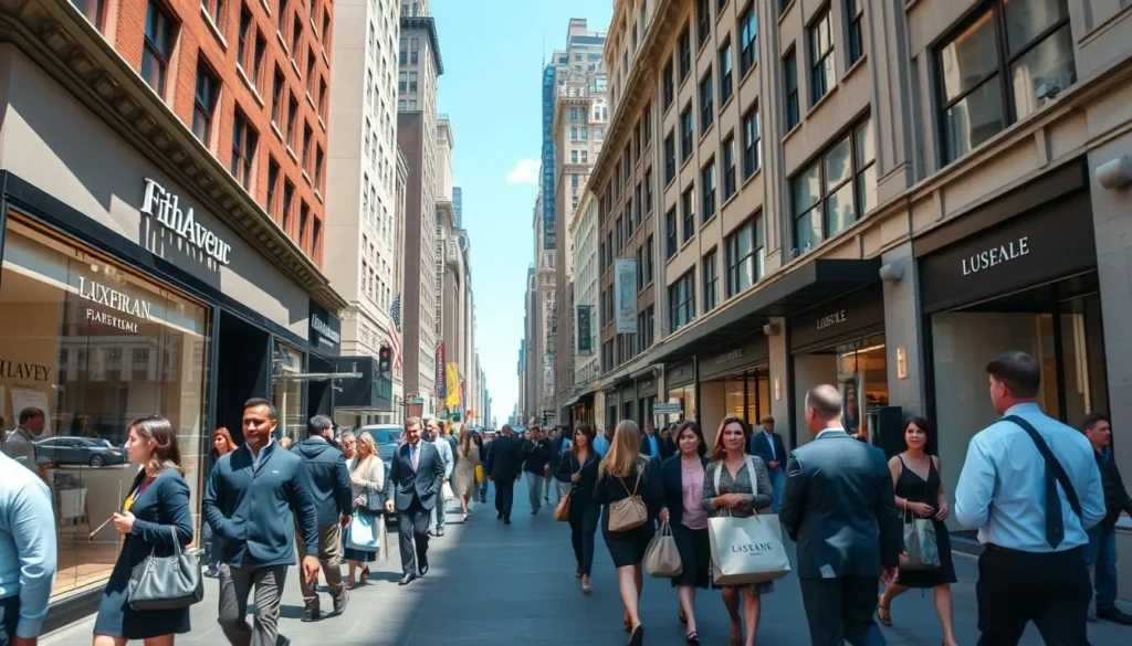 Fifth Avenue luxury shopping district with flagship stores and shoppers Fifth Avenue luxury shopping district with flagship stores and shoppers