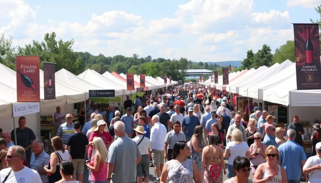 Finger Lakes Wine Festival with crowds enjoying tastings from multiple wineries Finger Lakes Wine Festival with crowds enjoying tastings from multiple wineries