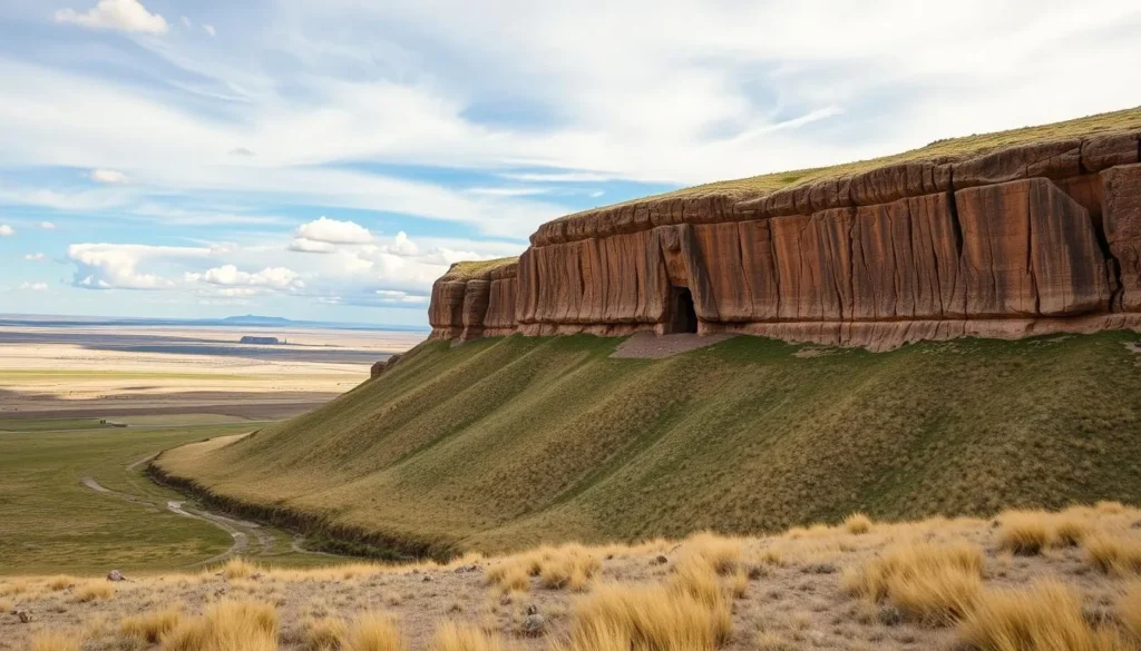First Peoples Buffalo Jump State Park in Great Falls Montana showing cliff face and prairie landscape First Peoples Buffalo Jump State Park in Great Falls Montana showing cliff face and prairie landscape