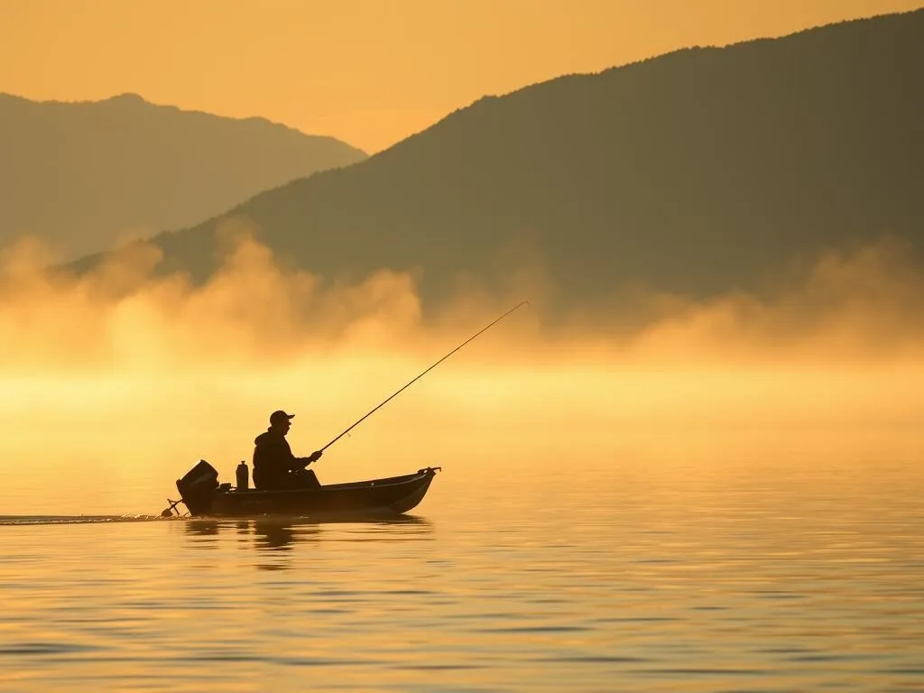 Fisherman casting a line on Lake Willoughby at sunrise with fog rising from the water Fisherman casting a line on Lake Willoughby at sunrise with fog rising from the water