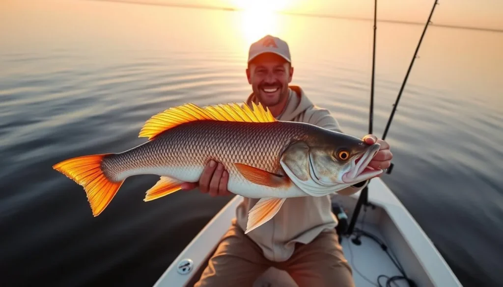 Fisherman with a caught redfish on Lake Pontchartrain at sunrise Fisherman with a caught redfish on Lake Pontchartrain at sunrise