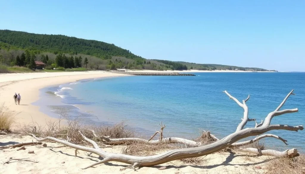 Fisherman's Island State Park beach with Lake Michigan shoreline, driftwood, and natural landscape Fisherman's Island State Park beach with Lake Michigan shoreline, driftwood, and natural landscape