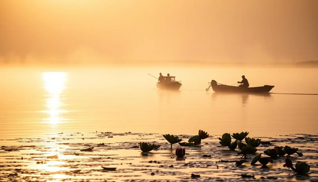 Fishermen on boats during sunrise on Lake Okeechobee with mist rising from the water in Okeechobee County, Florida Fishermen on boats during sunrise on Lake Okeechobee with mist rising from the water in Okeechobee County, Florida
