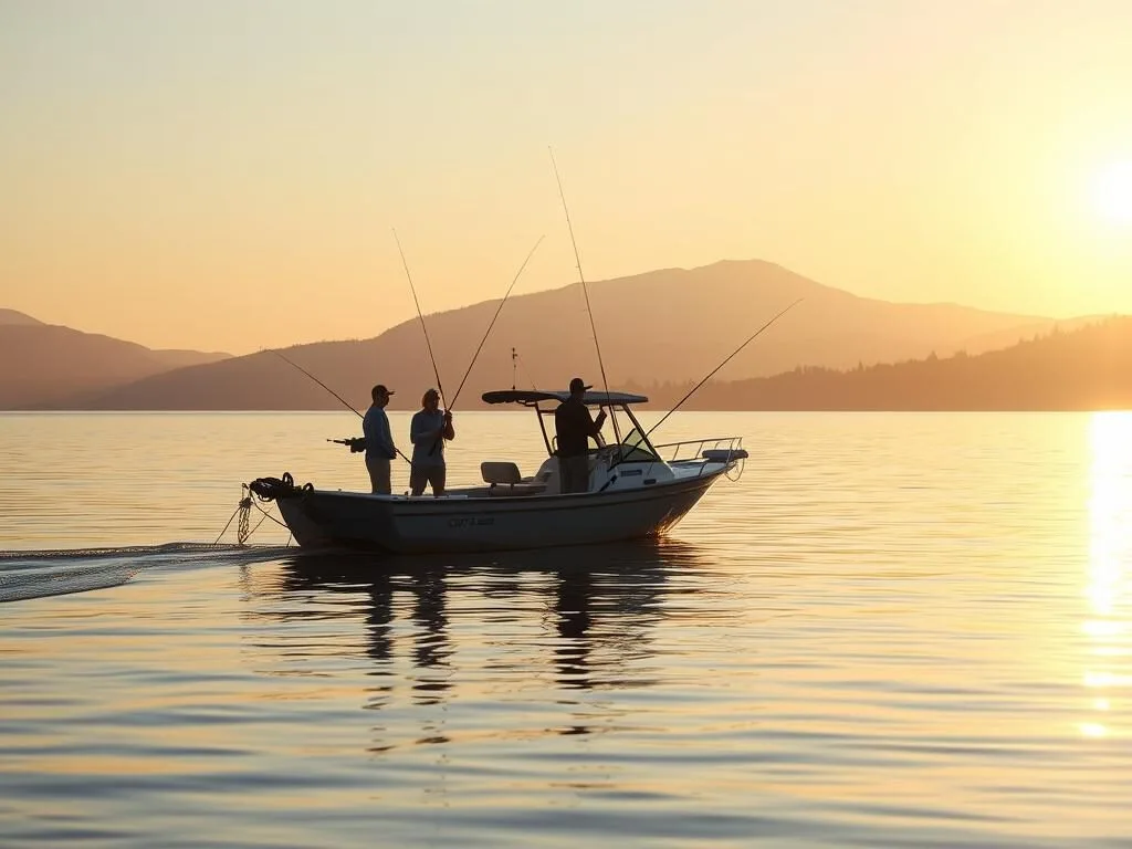 Fishing boat on Clear Lake during sunrise with fishermen casting lines Fishing boat on Clear Lake during sunrise with fishermen casting lines