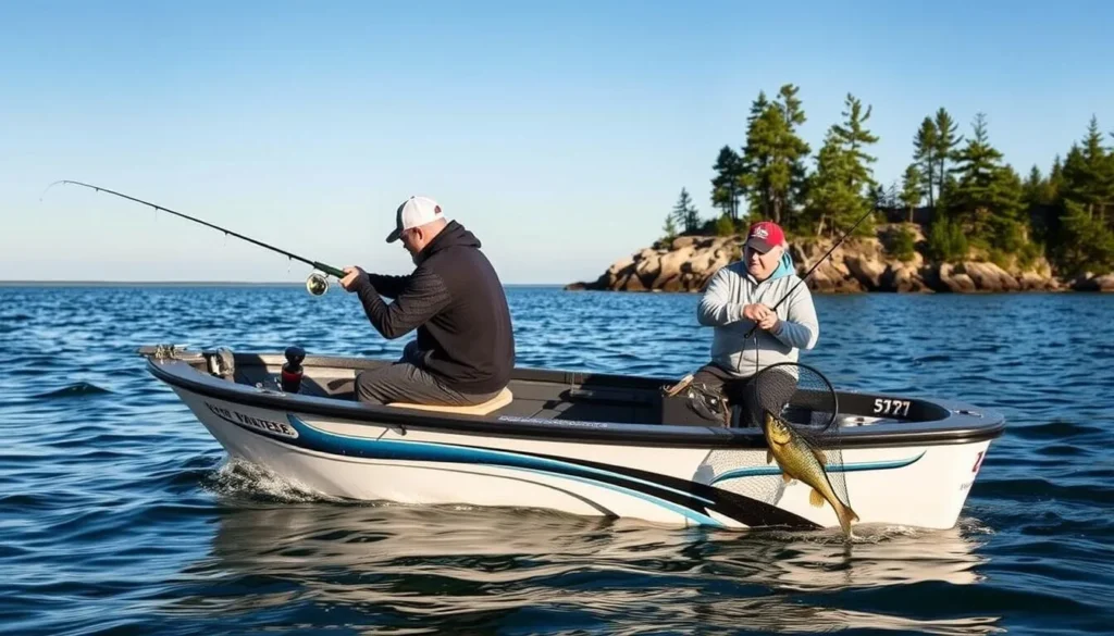 Fishing boat on Gull Lake with anglers catching walleye Fishing boat on Gull Lake with anglers catching walleye