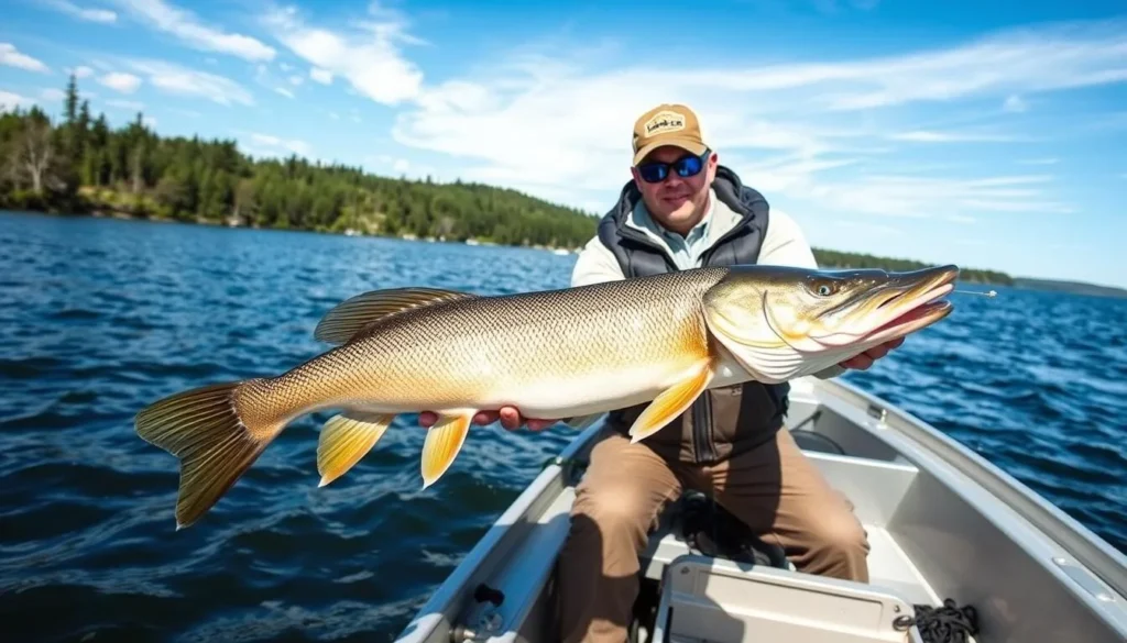 Fishing boat on Kabetogama Lake in Voyageurs National Park with angler catching northern pike Fishing boat on Kabetogama Lake in Voyageurs National Park with angler catching northern pike