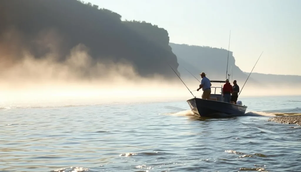 Fishing boat on the Mississippi River near Marquette Iowa with bluffs in background Fishing boat on the Mississippi River near Marquette Iowa with bluffs in background