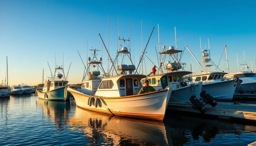 Fishing boats in the harbor at Point Island with anglers preparing for a day on the water Fishing boats in the harbor at Point Island with anglers preparing for a day on the water