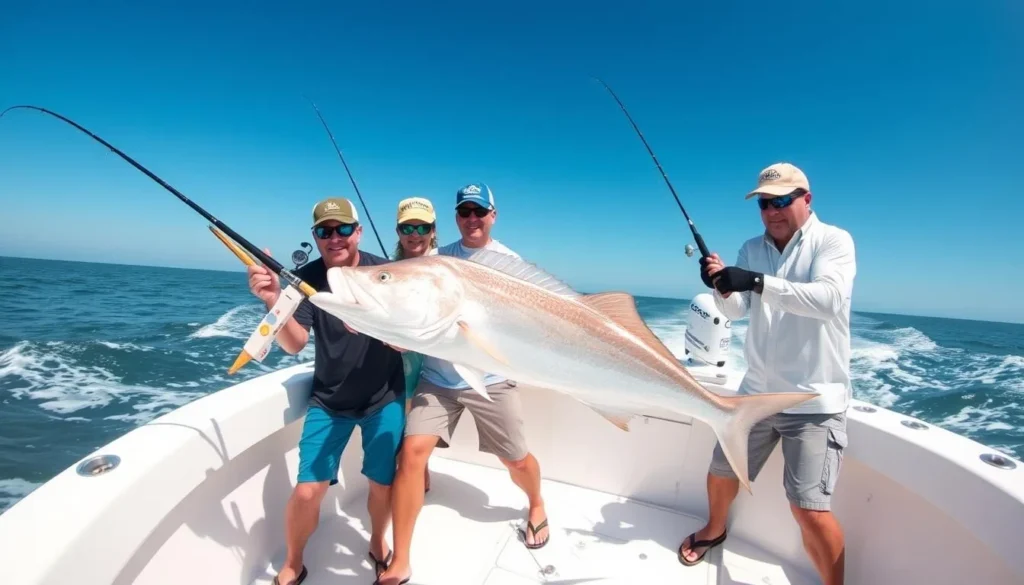 Fishing charter boat with anglers catching fish in Grand Isle waters Fishing charter boat with anglers catching fish in Grand Isle waters