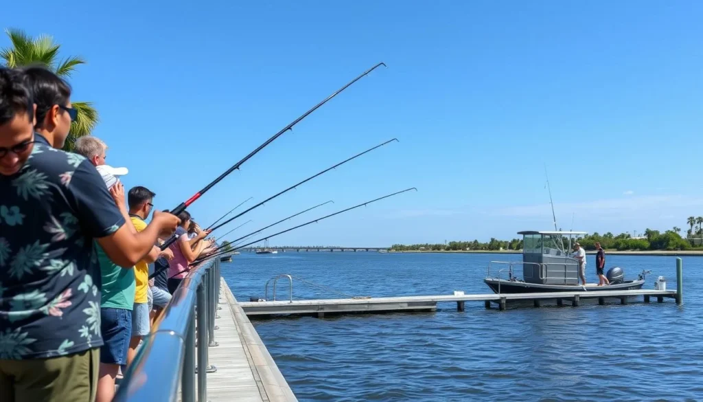 Fishing from the pier at Bradenton Riverwalk in Manatee County Florida Fishing from the pier at Bradenton Riverwalk in Manatee County Florida