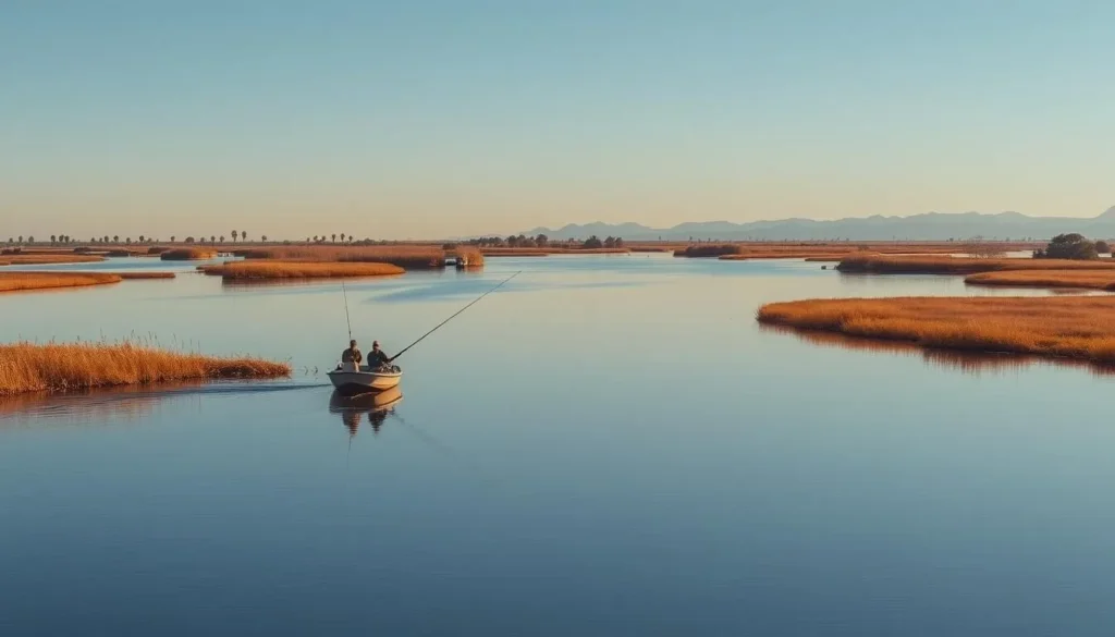 Fishing on the Delta waterways in San Joaquin County with boats and scenic landscape Fishing on the Delta waterways in San Joaquin County with boats and scenic landscape