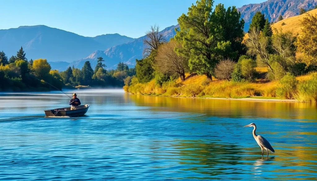 Fishing on the Sacramento River in Tehama County with mountains in the background Fishing on the Sacramento River in Tehama County with mountains in the background