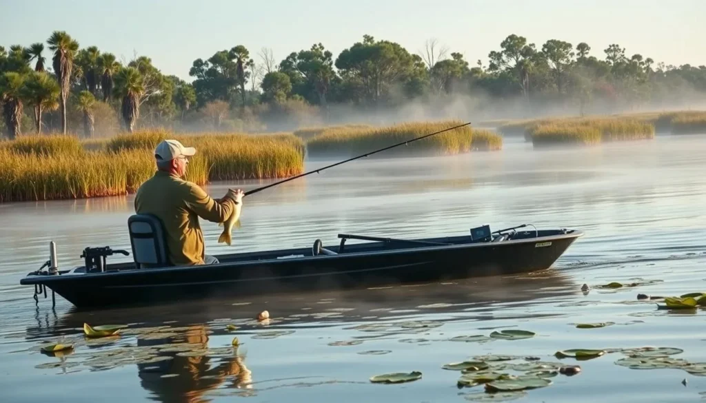 Fishing on the St. Johns River in Putnam County with bass being caught Fishing on the St. Johns River in Putnam County with bass being caught