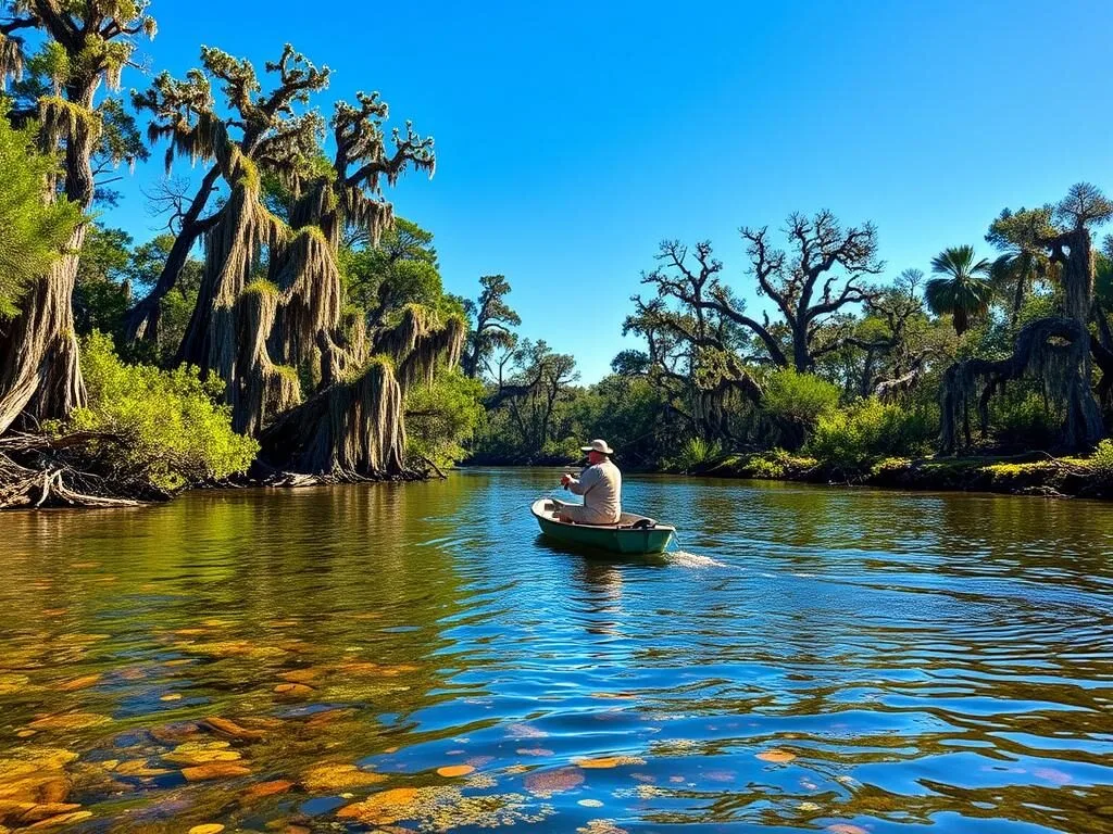 Fishing on the Suwannee River in Dixie County Florida with angler in boat Fishing on the Suwannee River in Dixie County Florida with angler in boat