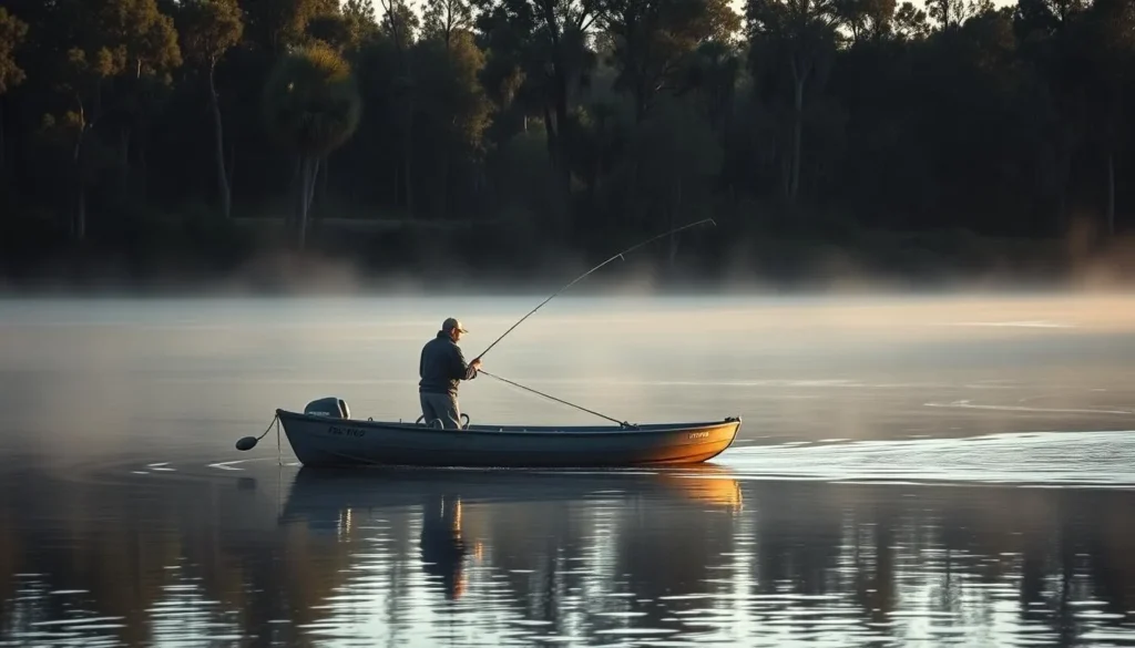 Fishing on the Suwannee River in Lafayette County with angler in small boat Fishing on the Suwannee River in Lafayette County with angler in small boat
