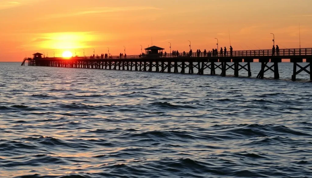 Fishing piers on Anna Maria Island with fishermen casting lines into the Gulf of Mexico