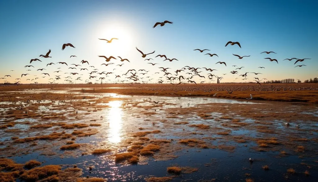 Flocks of migratory birds at Merced National Wildlife Refuge in Merced County California Flocks of migratory birds at Merced National Wildlife Refuge in Merced County California