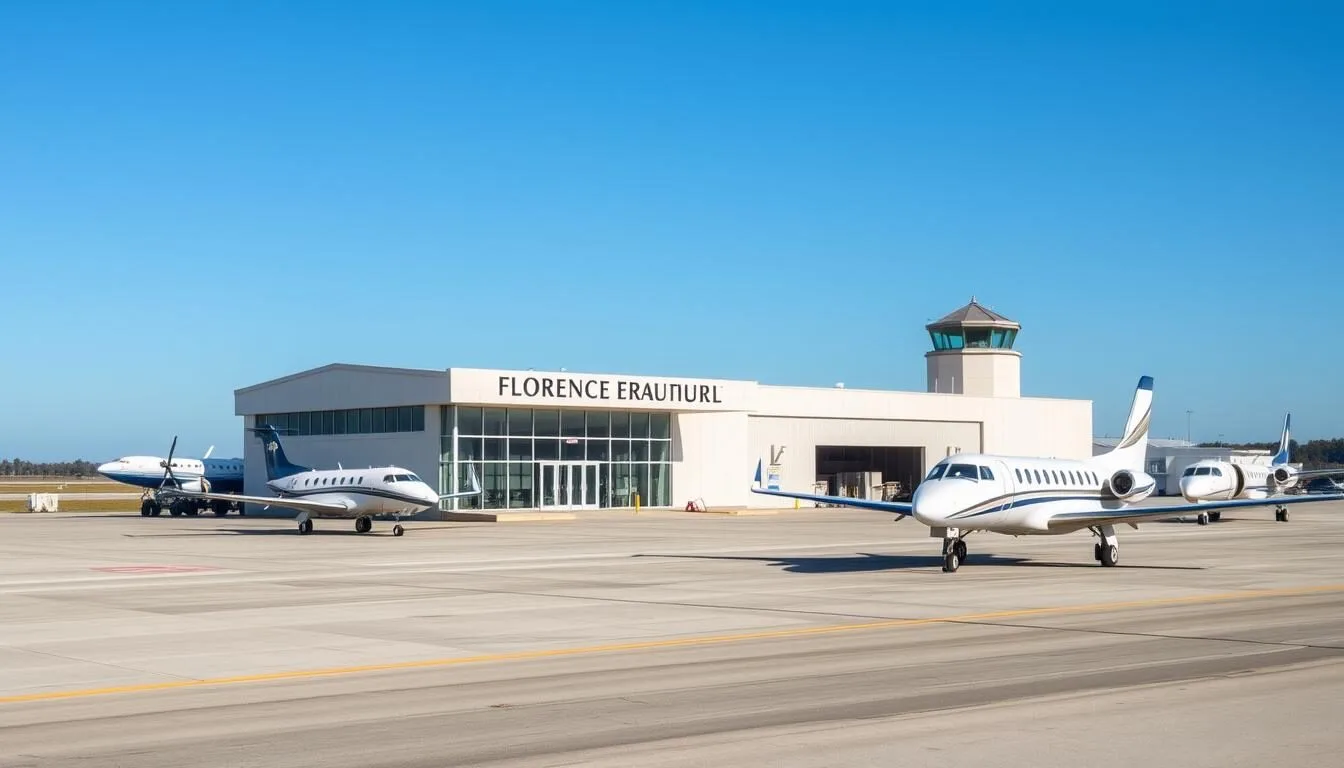 Florence Regional Airport with planes on the tarmac and the terminal building visible on a sunny day