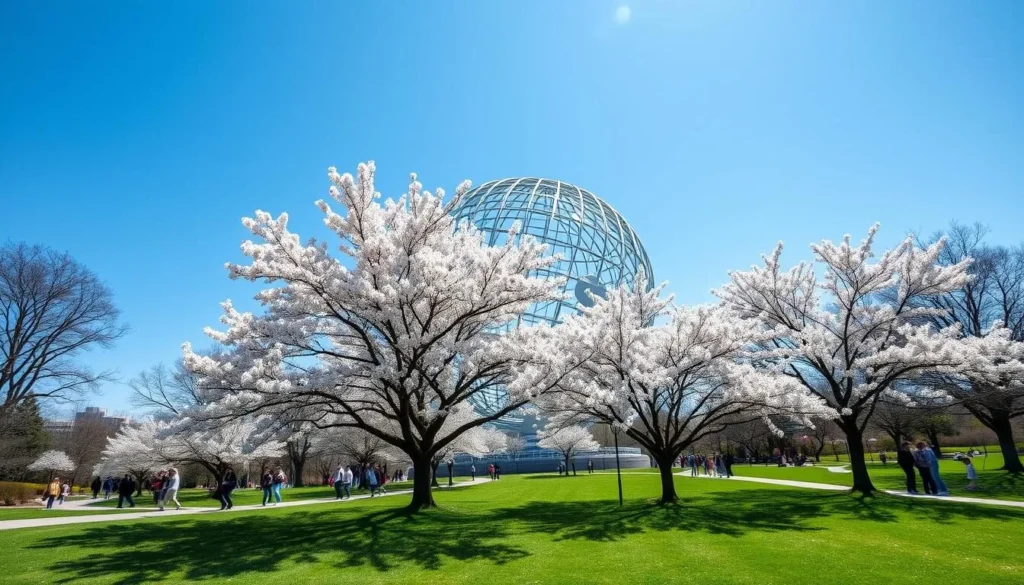 Flushing Meadows Corona Park in spring with cherry blossoms and the Unisphere monument Flushing Meadows Corona Park in spring with cherry blossoms and the Unisphere monument