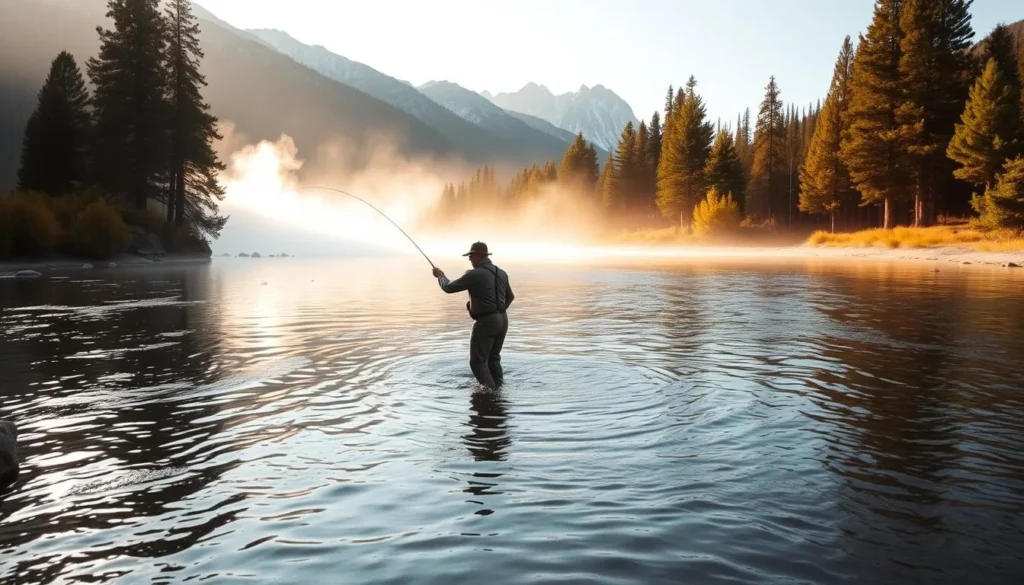 Fly fisherman casting in a pristine Sierra County river surrounded by forest Fly fisherman casting in a pristine Sierra County river surrounded by forest