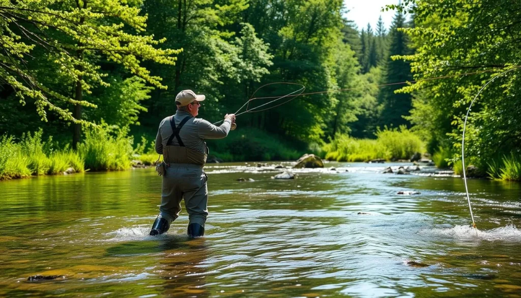 Fly fisherman casting in a pristine trout stream in Sullivan County New York