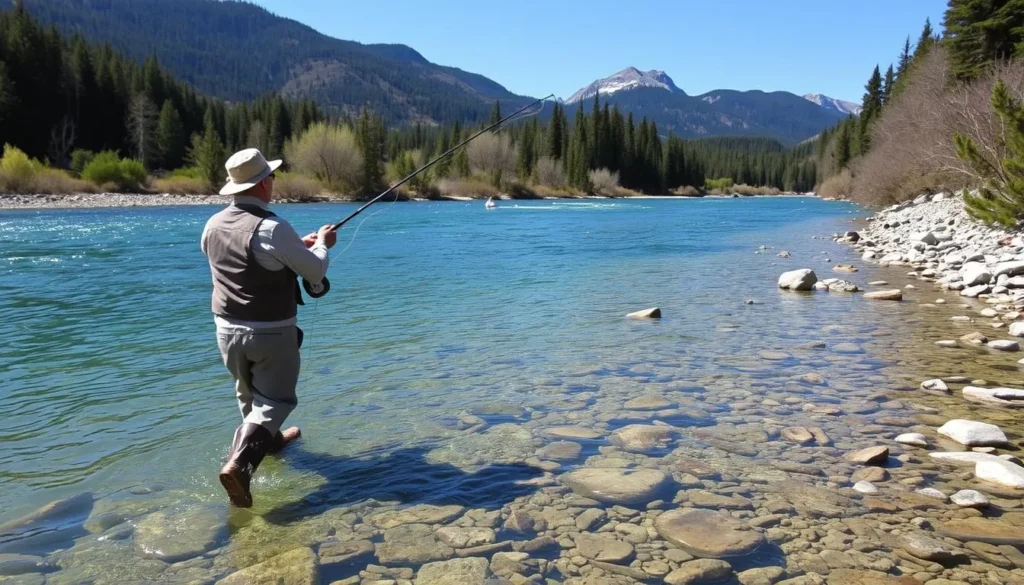 Fly fishing in Trinity River with angler casting in scenic spot in Trinity County California Fly fishing in Trinity River with angler casting in scenic spot in Trinity County California