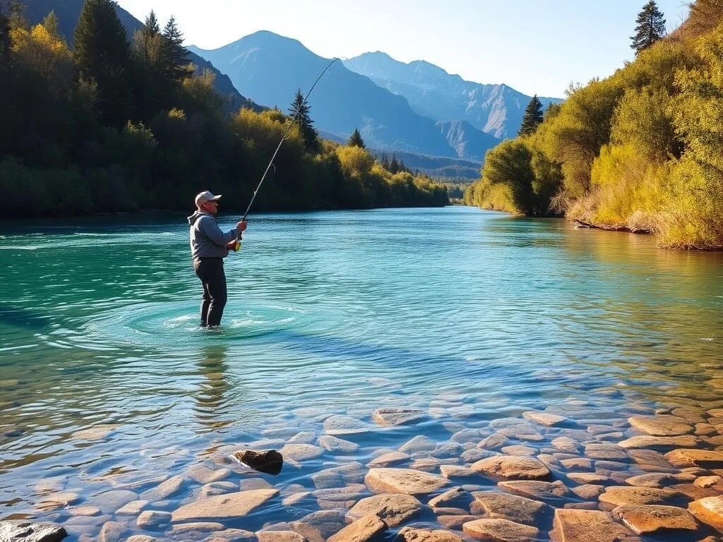 Fly fishing in the Petrohué River at Vicente Pérez Rosales National Park Fly fishing in the Petrohué River at Vicente Pérez Rosales National Park
