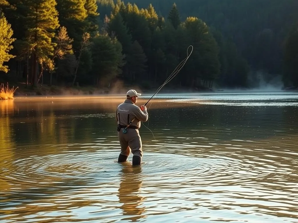 Fly fishing on Mountain Fork River below Broken Bow Lake dam with angler in stream