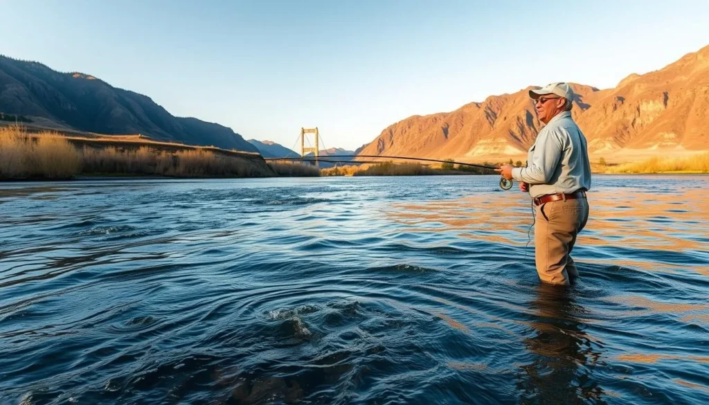 Fly fishing on the Missouri River near Great Falls Montana with angler in water Fly fishing on the Missouri River near Great Falls Montana with angler in water