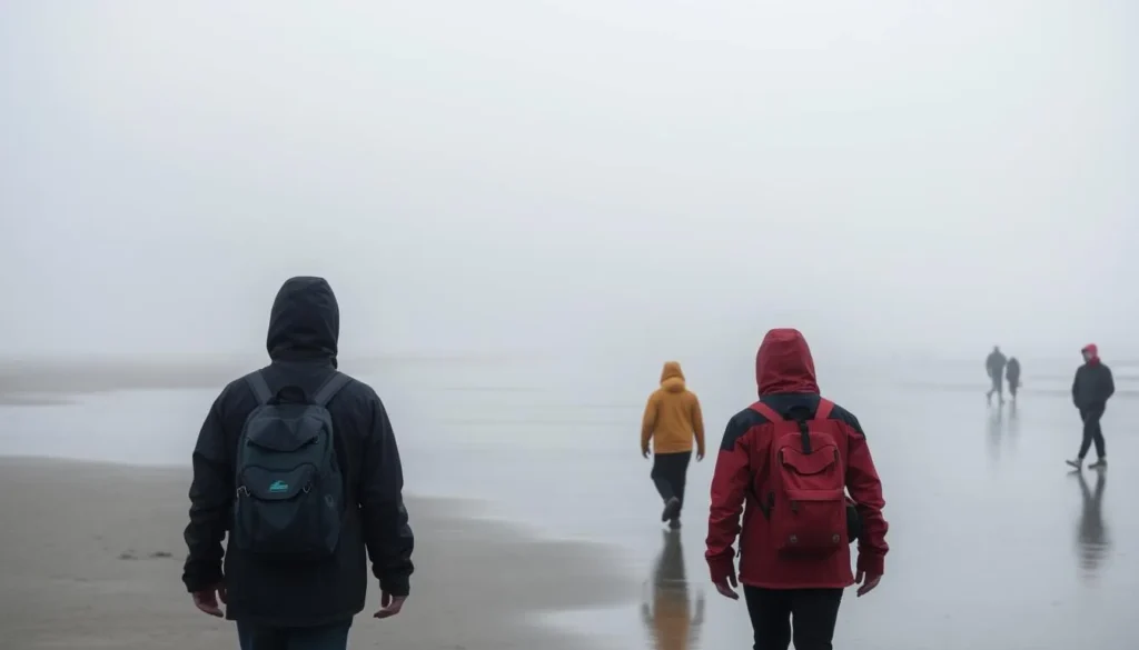 Foggy coastal scene in Del Norte County with visitors in rain jackets Foggy coastal scene in Del Norte County with visitors in rain jackets