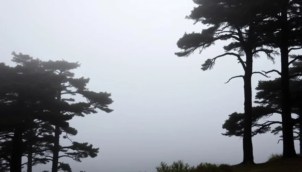 Foggy morning at Monterey Bay with cypress trees silhouetted against the mist