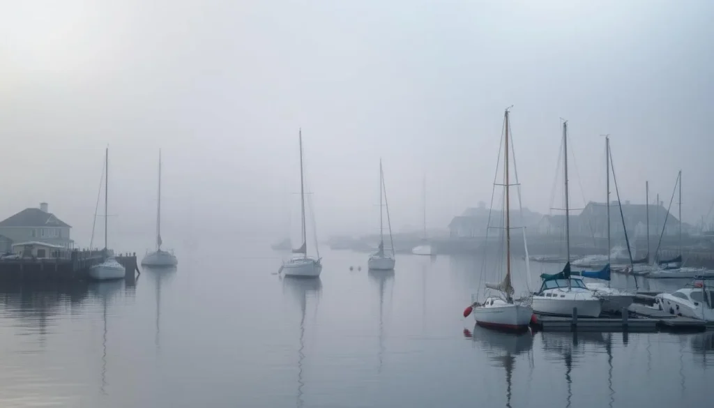 Foggy morning at Nantucket Harbor with boats in the mist Foggy morning at Nantucket Harbor with boats in the mist