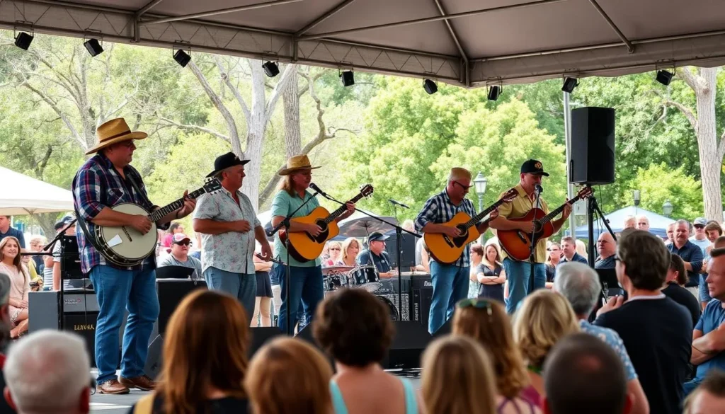 Folk musicians performing at the Florida Folk Festival in Hamilton County with audience enjoying traditional music Folk musicians performing at the Florida Folk Festival in Hamilton County with audience enjoying traditional music