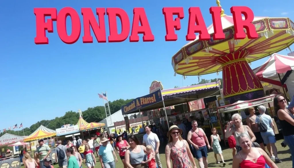 Fonda Fair in Montgomery County, New York with carnival rides, agricultural exhibits, and crowds enjoying the festivities Fonda Fair in Montgomery County, New York with carnival rides, agricultural exhibits, and crowds enjoying the festivities