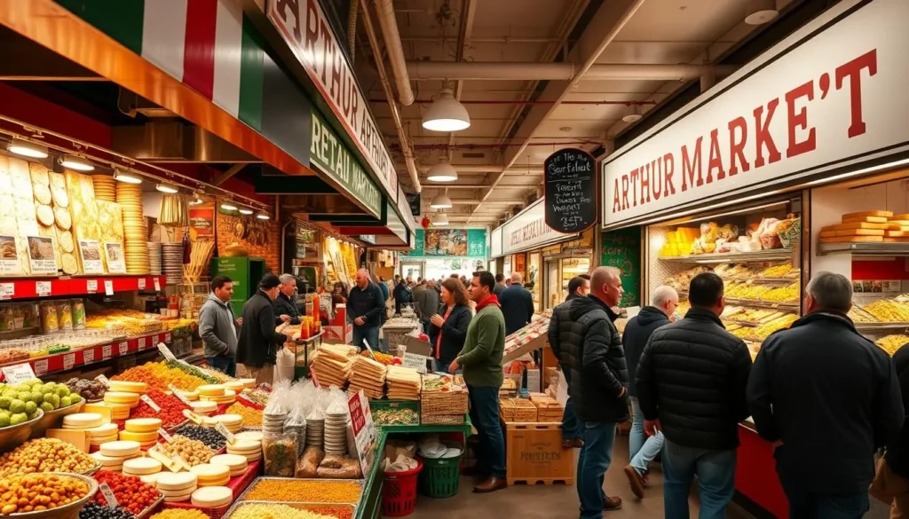 Food stalls at Arthur Avenue Market in Bronx County's Little Italy Food stalls at Arthur Avenue Market in Bronx County's Little Italy
