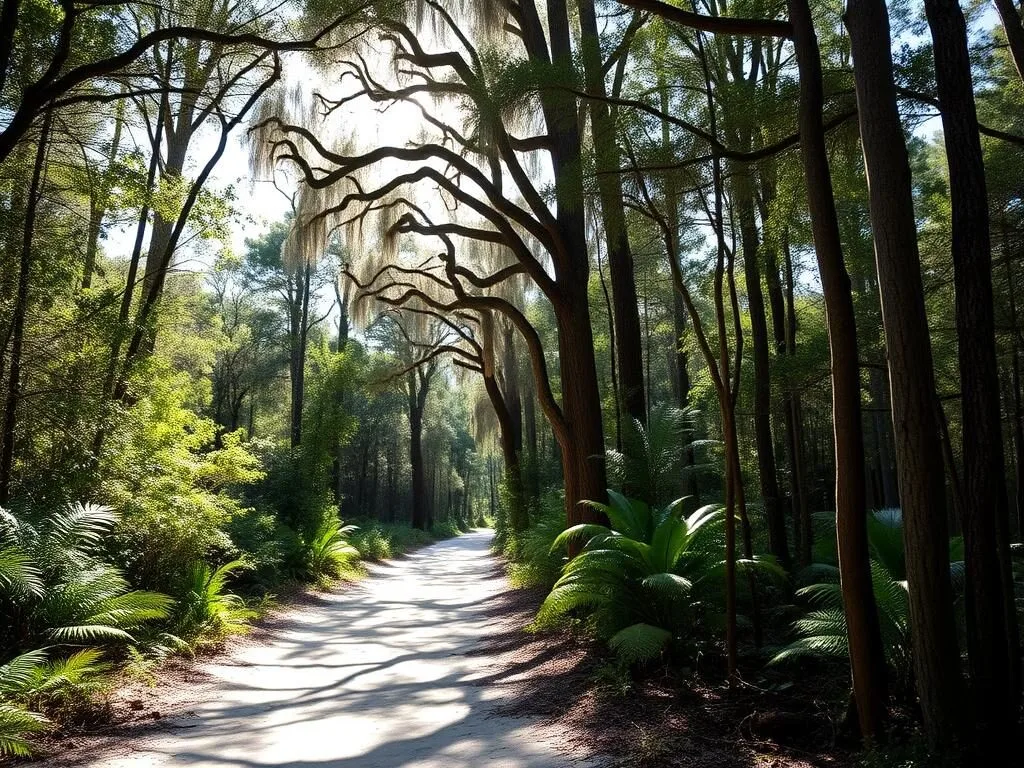 Forested trail in Chassahowitzka Wildlife Management Area with sunlight filtering through trees Forested trail in Chassahowitzka Wildlife Management Area with sunlight filtering through trees