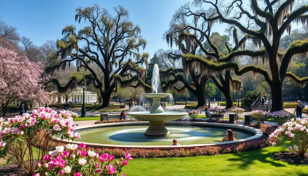 Forsyth Park fountain in spring with azaleas blooming in Savannah Georgia