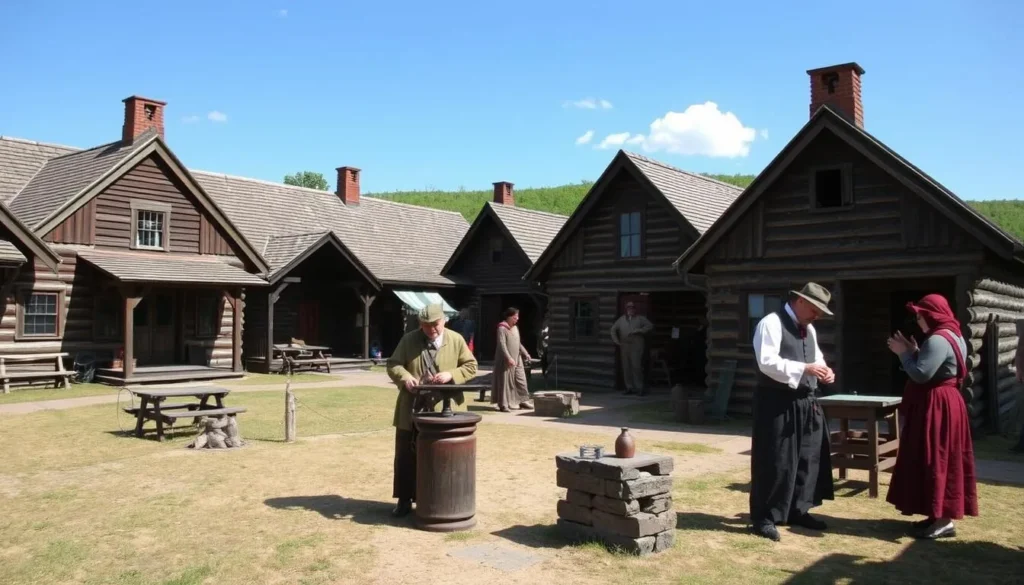 Fort Delaware Museum of Colonial History in Sullivan County New York with period-dressed interpreters demonstrating traditional crafts