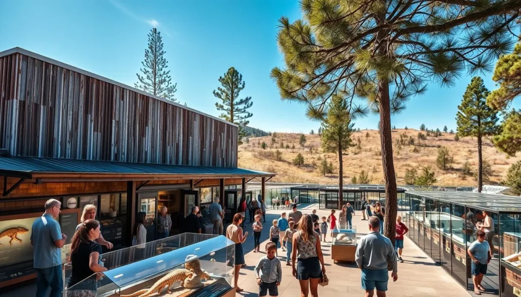 Fossil Discovery Center, a captivating educational haven nestled amidst the verdant landscapes of Pine Flat Lake, California. Sunlight dances across the weathered facade, illuminating the intricate displays showcasing ancient fossils and prehistoric wonders. In the foreground, visitors explore interactive exhibits, their faces alight with curiosity. The middle ground unveils a spacious, well-curated exhibition hall, its high ceilings and glass-paneled walls allowing natural light to flood the space. Beyond, the rolling hills and towering pines create a serene, natural backdrop, inviting visitors to connect with the rich history preserved within the center's walls. A harmonious blend of modern architecture and natural elements, the Fossil Discovery Center stands as a beacon of educational excellence, inspiring wonder and a deeper appreciation for the Earth's remarkable past.