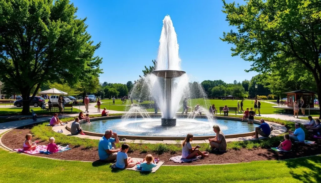 Fountain and families enjoying Chesapeake City Park on a sunny day Fountain and families enjoying Chesapeake City Park on a sunny day