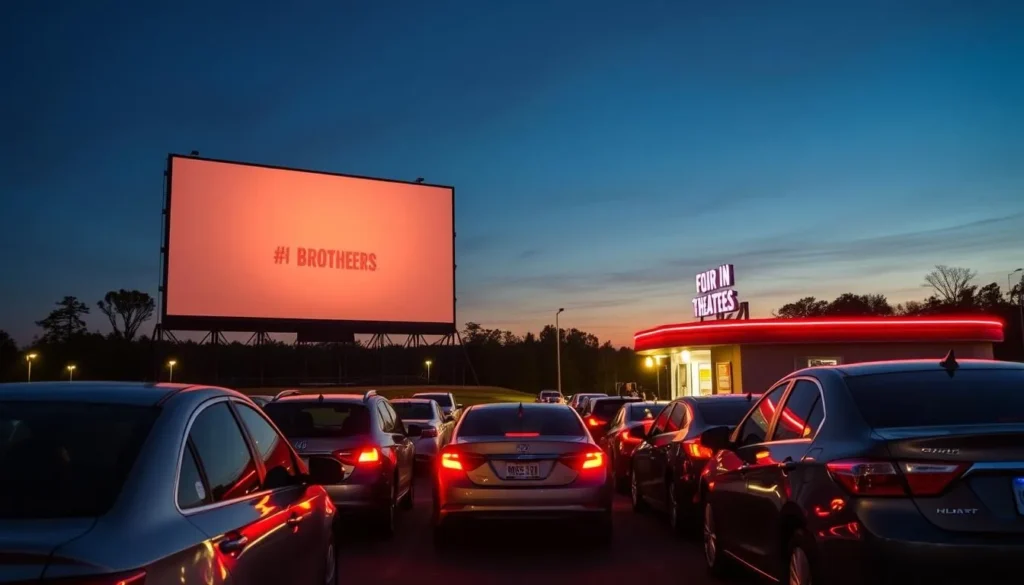 Four Brothers Drive-In Theater in Amenia, Dutchess County New York showing the outdoor movie screen and cars parked for a film Four Brothers Drive-In Theater in Amenia, Dutchess County New York showing the outdoor movie screen and cars parked for a film