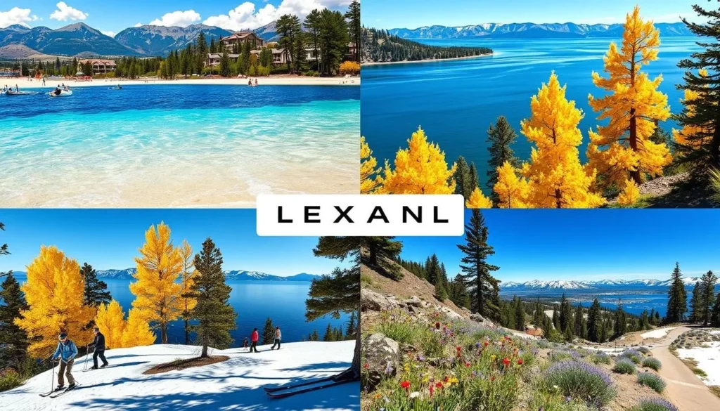 Four-season collage of Lake Tahoe, Nevada showing summer beach activities, fall foliage, winter skiing, and spring hiking Four-season collage of Lake Tahoe, Nevada showing summer beach activities, fall foliage, winter skiing, and spring hiking