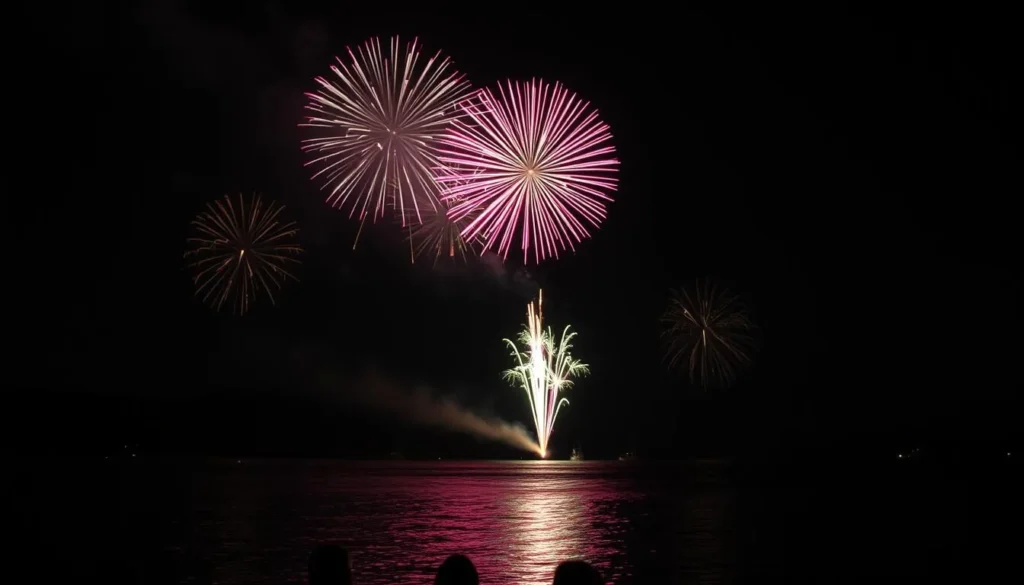 Fourth of July fireworks display over Lake Winnipesaukee with boats watching from the water Fourth of July fireworks display over Lake Winnipesaukee with boats watching from the water