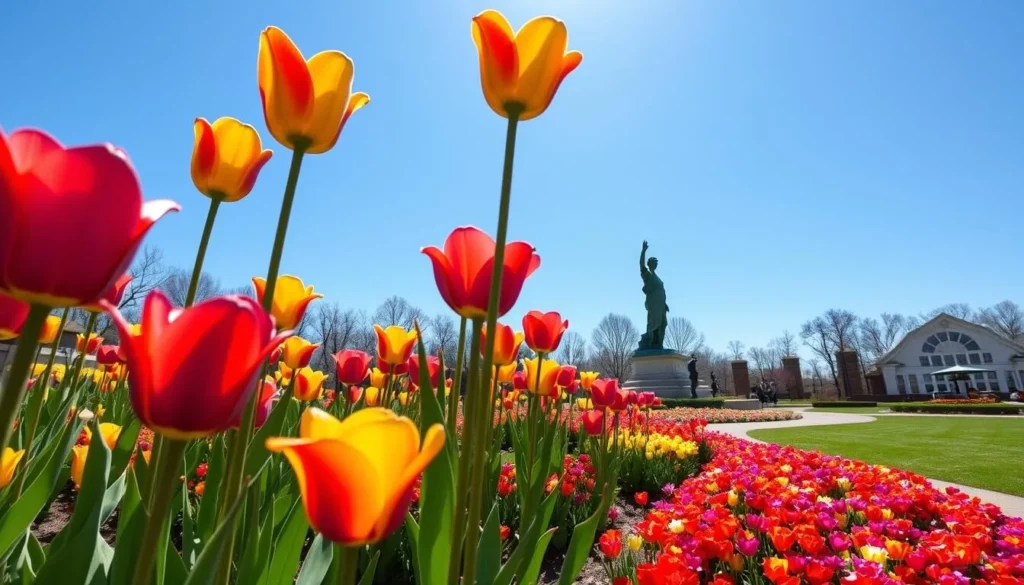 Frederik Meijer Gardens during spring bloom with colorful tulips and sculptures Frederik Meijer Gardens during spring bloom with colorful tulips and sculptures
